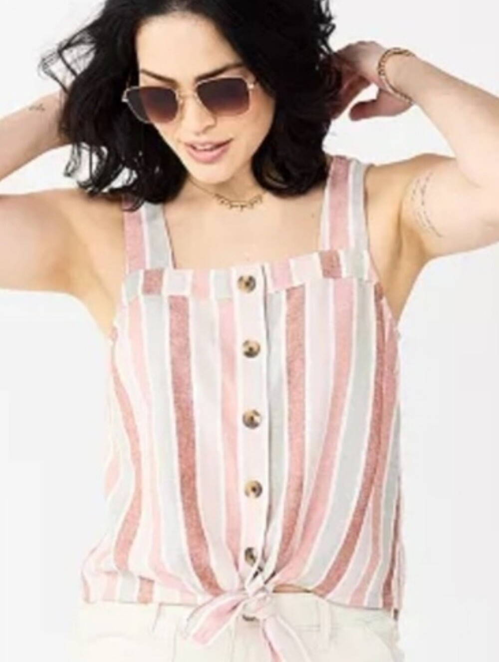 Sonoma Pink Brown & White Striped Tank with Front Tie Size Large